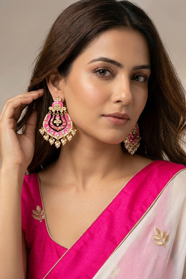 Fashionable Earrings In Hot Pink Color With White Pearls And Beads