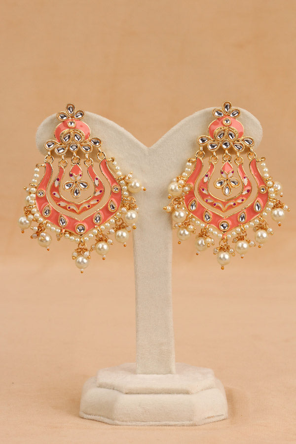 Fashionable Earrings In Peach Color With White Pearls And Beads (E005-PE-B1)