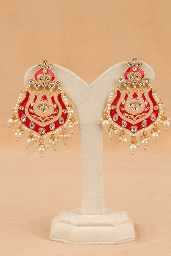 Fashionable Earrings In Red Color With White Pearls And Beads (E005-R-B1)