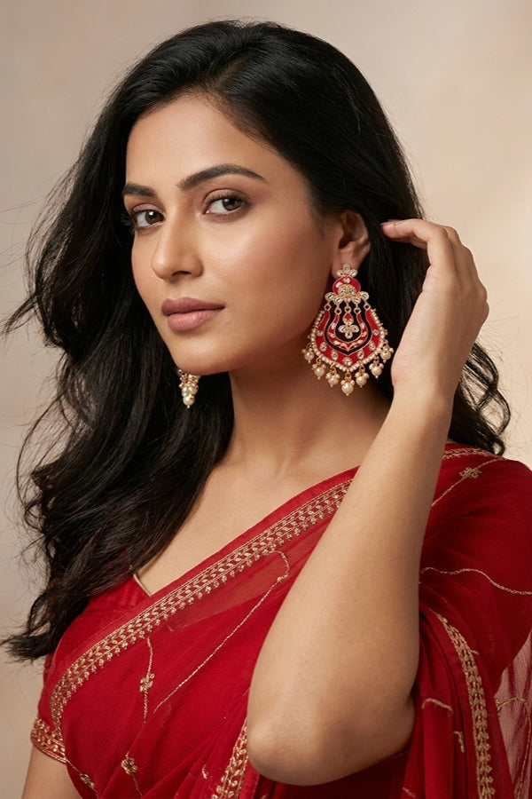 Fashionable Earrings In Red Color With White Pearls And Beads