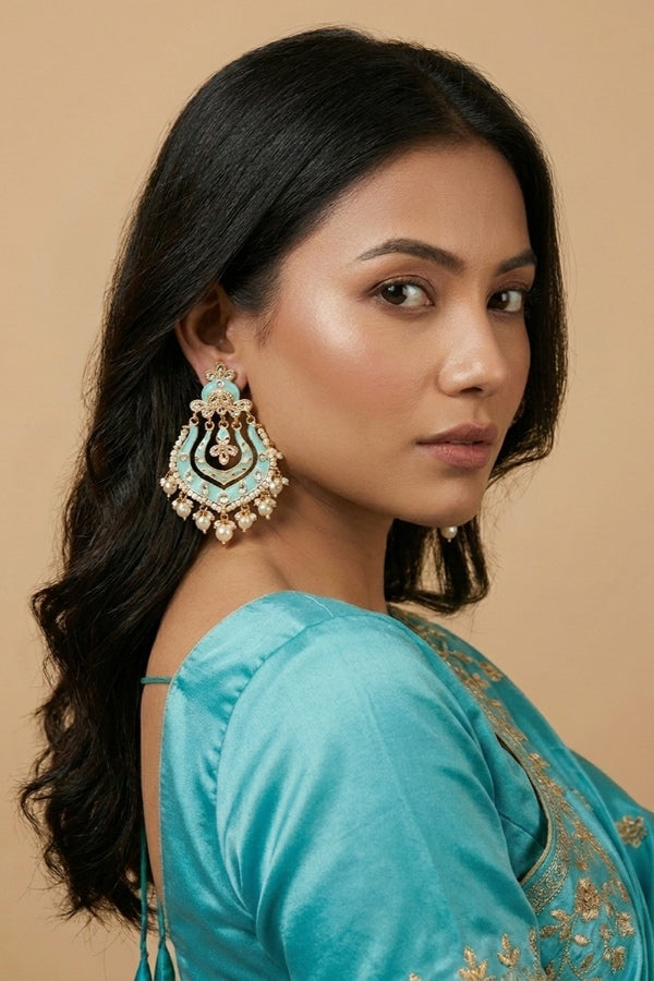 Fashionable Earrings In Turquoise Blue Color With White Pearls And Beads