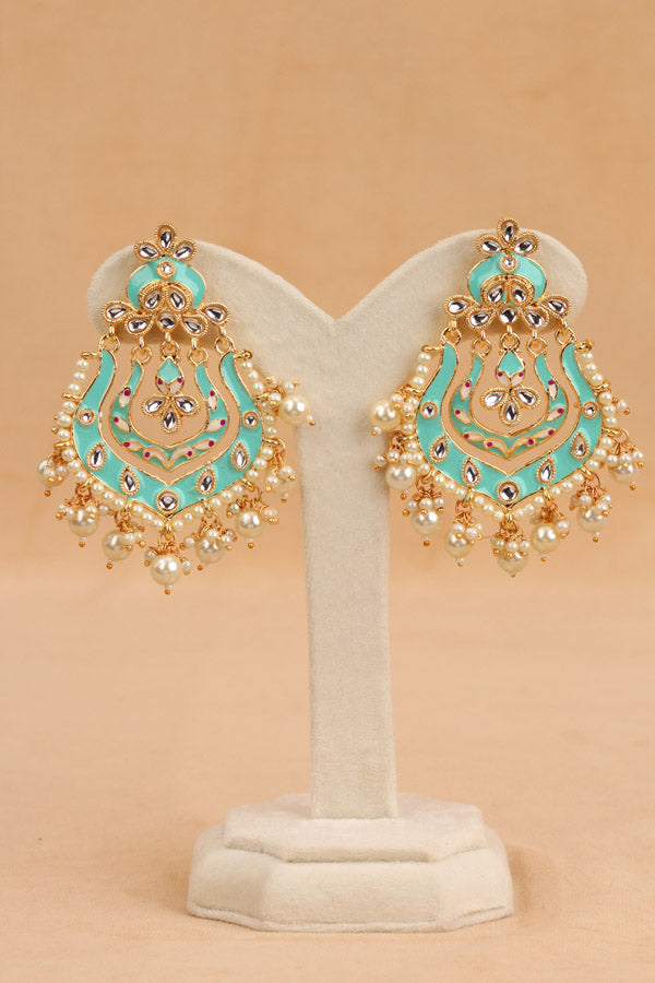 Fashionable Earrings In Turquoise Blue Color With White Pearls And Beads (E005-TB-B1)