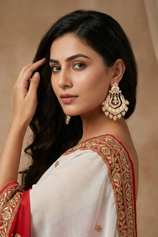 Fashionable Earrings In White Color With White Pearls And Beads