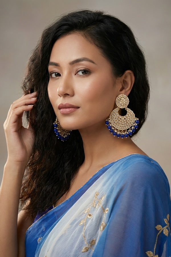 Statement Fashionable Earrings With Small White Beads And Blue Pearls Attached