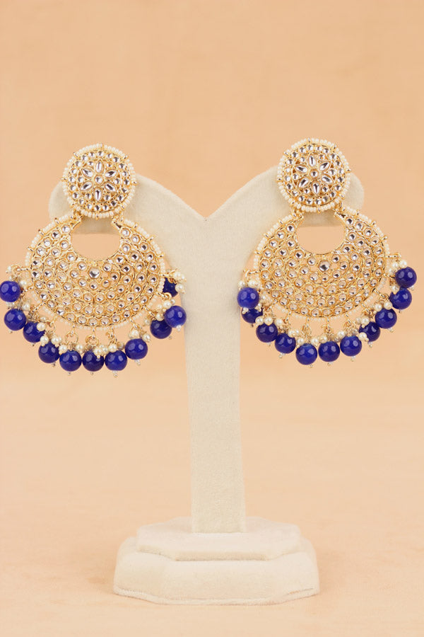 Statement Fashionable Earrings With Small White Beads And Blue Pearls Attached (E006-B-B1)