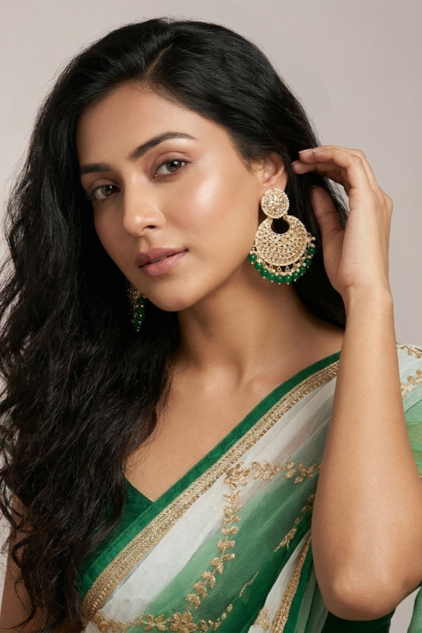 Statement Fashionable Earrings With Small White Beads And Green Pearls Attached