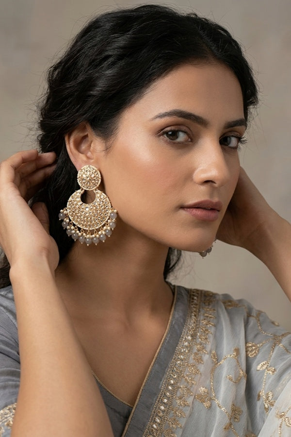 Statement Fashionable Earrings With Small White Beads And Grey Pearls Attached
