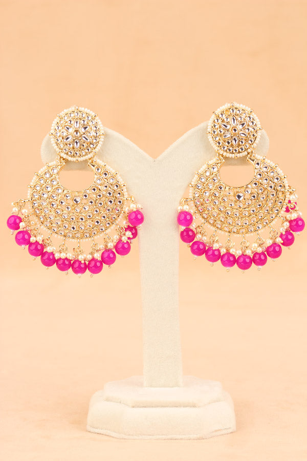 Statement Fashionable Earrings With Small White Beads And Hot Pink Pearls Attached (E006-HP-B1)