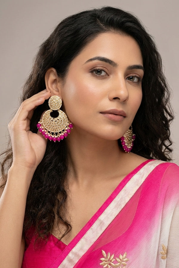 Statement Fashionable Earrings With Small White Beads And Hot Pink Pearls Attached