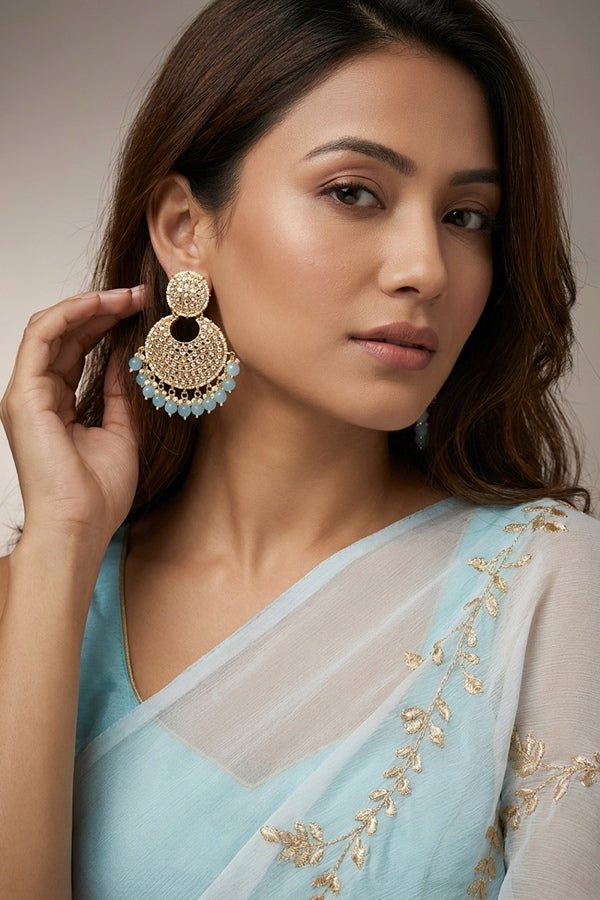 Statement Fashionable Earrings With Small White Beads And Light Blue Pearls Attached