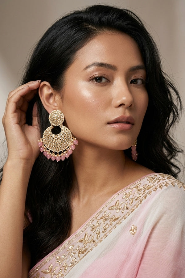 Statement Fashionable Earrings With Small White Beads And Pink Pearls Attached