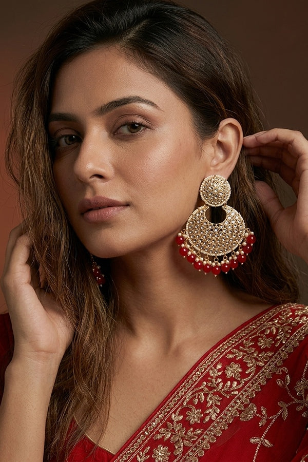 Statement Fashionable Earrings With Small White Beads And Red Pearls Attached