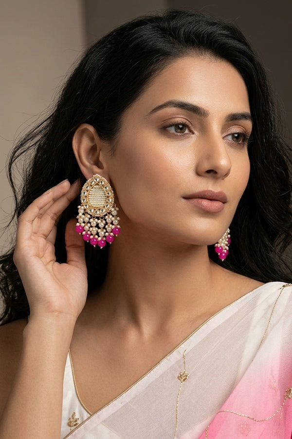 Stud Earrings With Center Beads White And Hot Pink Pearls Attached