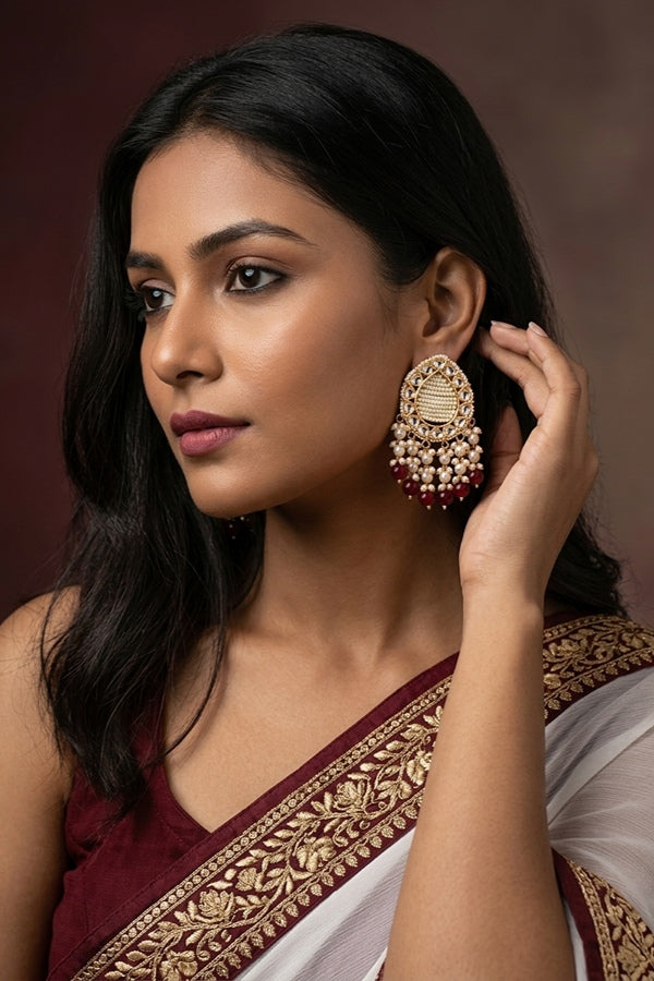 Stud Earrings With Center Beads White And Maroon Pearls Attached