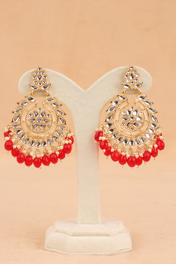Fashionable Kundan Look Earrings With Cherry Red Pearls Attached (E008-CR-B1)