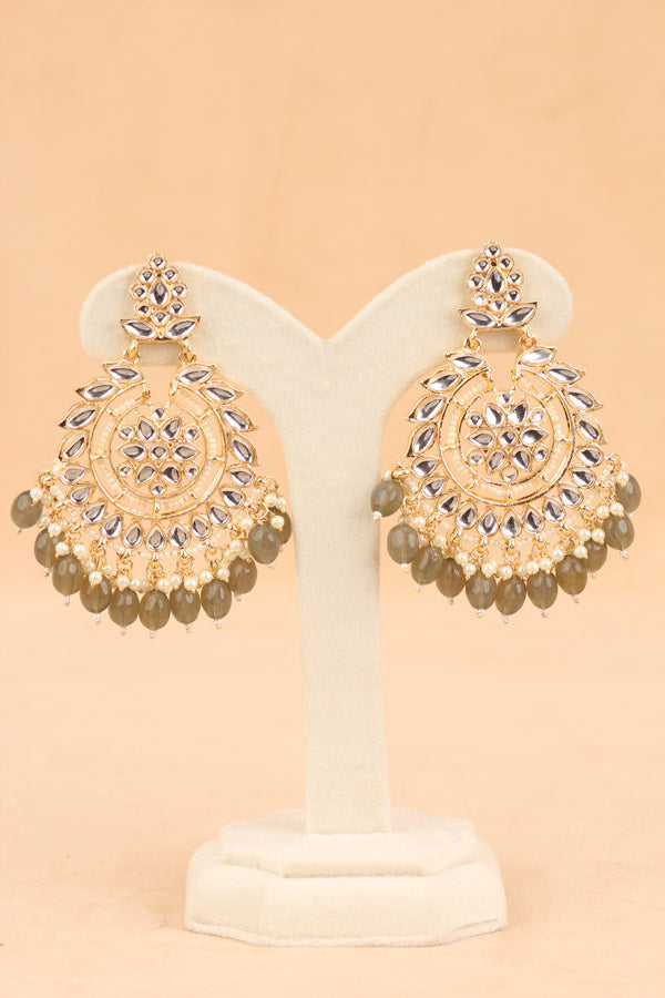 Fashionable Kundan Look Earrings With Grey Pearls Attached (E008-GY-B1)