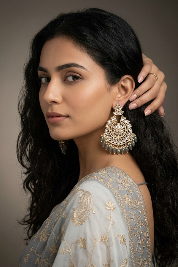 Fashionable Kundan Look Earrings With Grey Pearls Attached