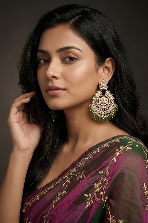 Fashionable Kundan Look Earrings With Mehndi Green Pearls Attached