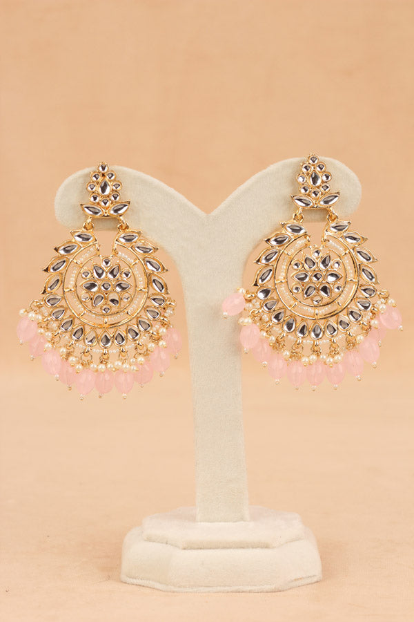 Fashionable Kundan Look Earrings With Pink Pearls Attached (E008-P-B1)