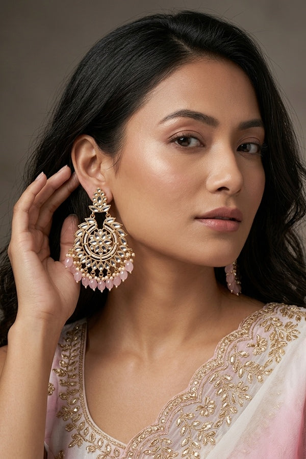 Fashionable Kundan Look Earrings With Pink Pearls Attached
