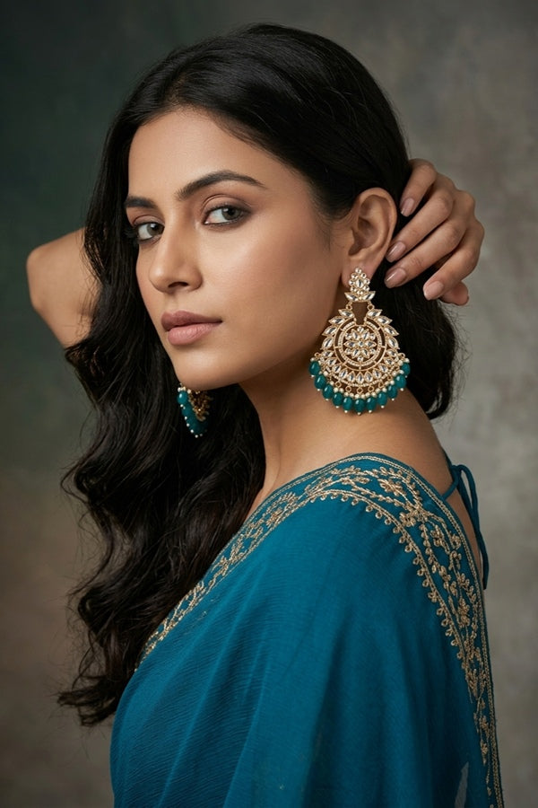 Fashionable Kundan Look Earrings With Turquoise Blue Pearls Attached
