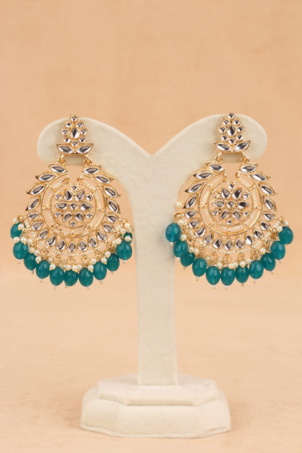 Fashionable Kundan Look Earrings With Turquoise Blue Pearls Attached (E008-TB-B1)