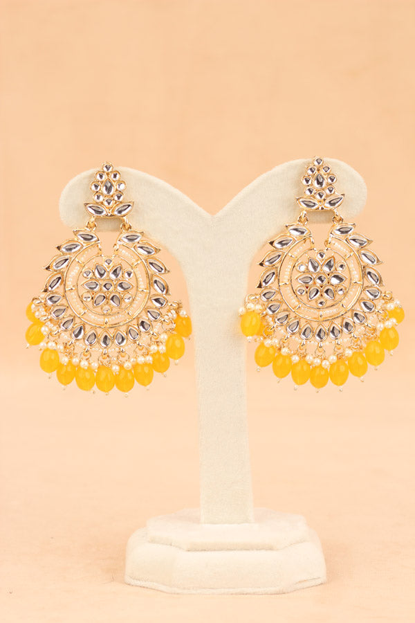 Fashionable Kundan Look Earrings With Yellow Pearls Attached (E008-Y-B1)