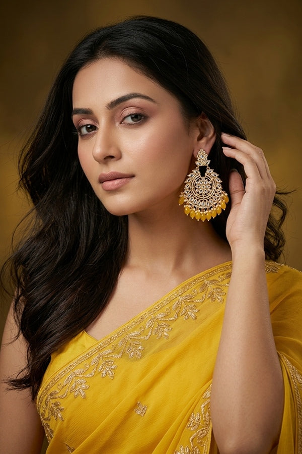 Fashionable Kundan Look Earrings With Yellow Pearls Attached
