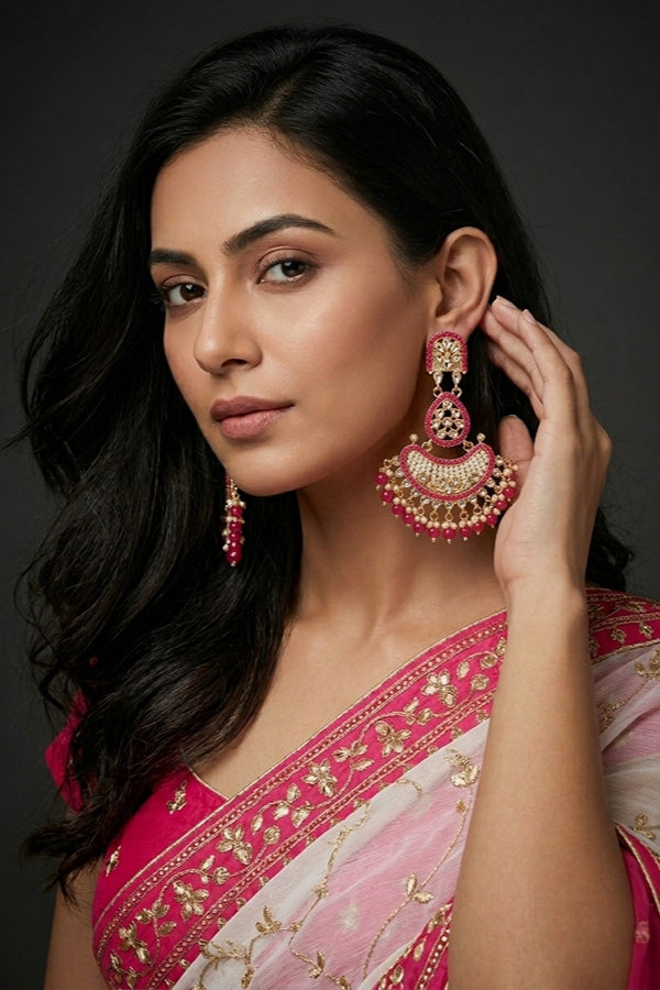 Large Fashionable Dangler Earrings With Hot Pink Colour