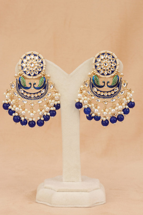 Peacock Earrings With White And Blue Pearls Attached (E010-B-B1)