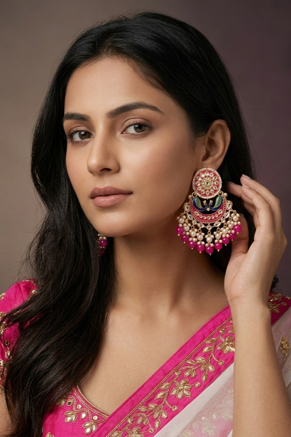 Peacock Earrings With White And Hot Pink Pearls Attached