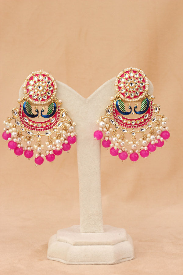Peacock Earrings With White And Hot Pink Pearls Attached (E010-HP-B1)