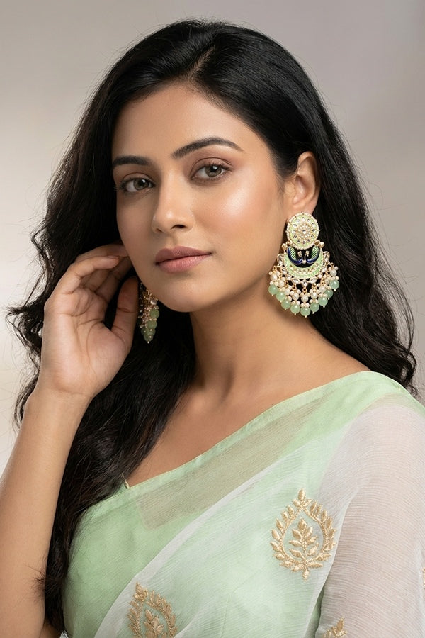 Peacock Earrings With White And Light Green Pearls Attached