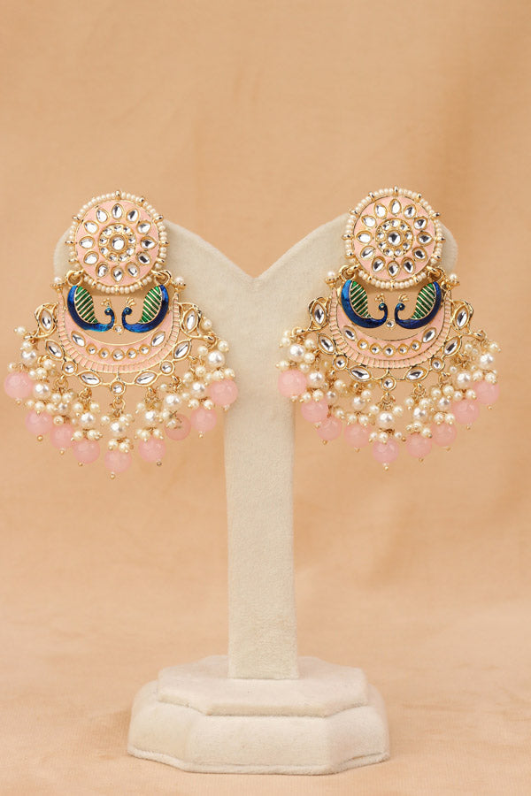 Peacock Earrings With White And Pink Pearls Attached (E010-P-B1)