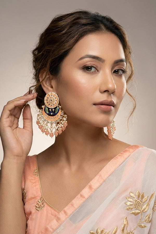 Peacock Earrings With White And Peach Pearls Attached