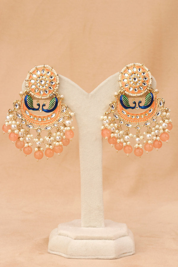 Peacock Earrings With White And Peach Pearls Attached (E010-PE-B1)