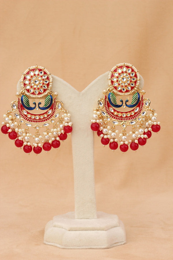 Peacock Earrings With White And Red Pearls Attached (E010-R-B1)