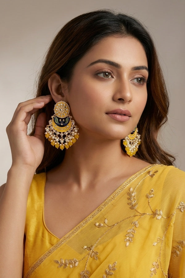Peacock Earrings With White And Yellow Pearls Attached