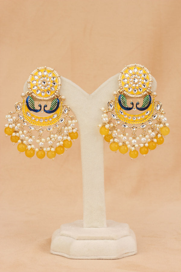 Peacock Earrings With White And Yellow Pearls Attached (E010-Y-B1)