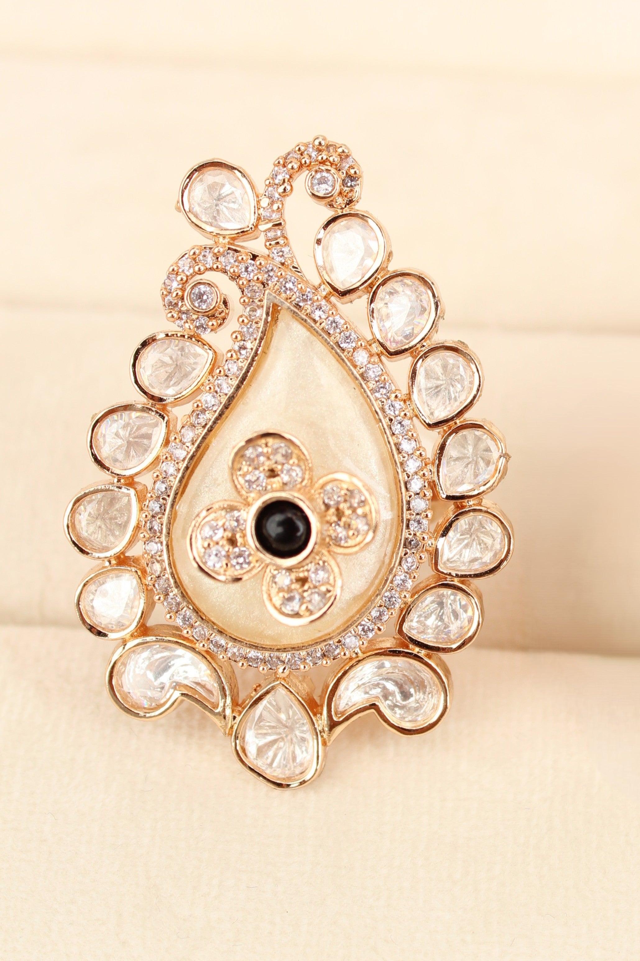 Kundan Teardrop Ring Framed With Small American Diamonds And Center Flower And Black Colour Stone Adjustable Ring (KR002-BL)