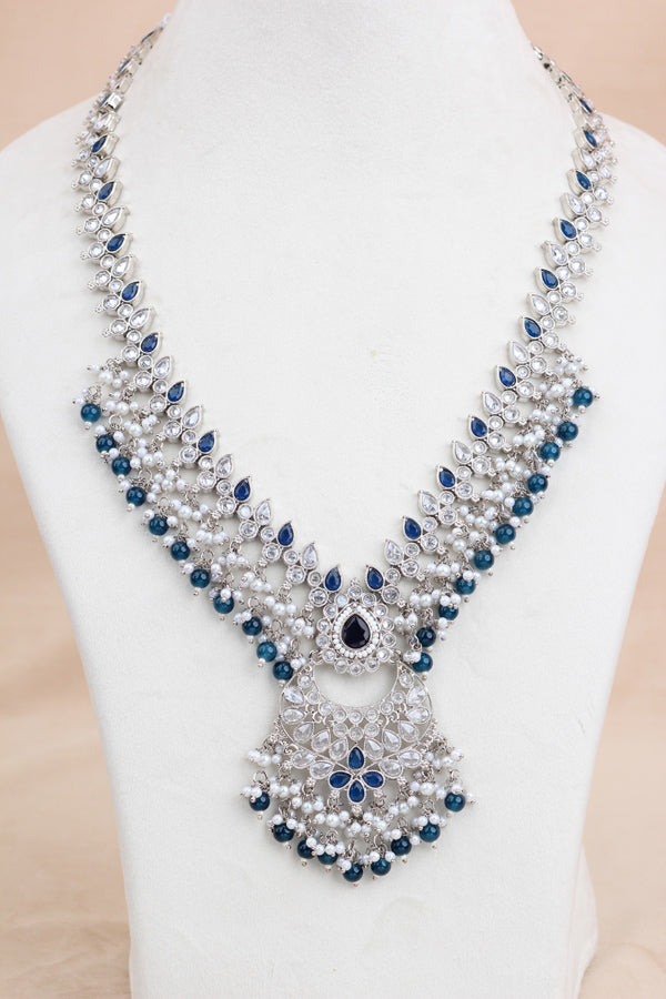 Blue Long Necklace Set In Silver Polish With Blue Pearls with Large Matching Earrings And Tikka (LN001-B-Polki)
