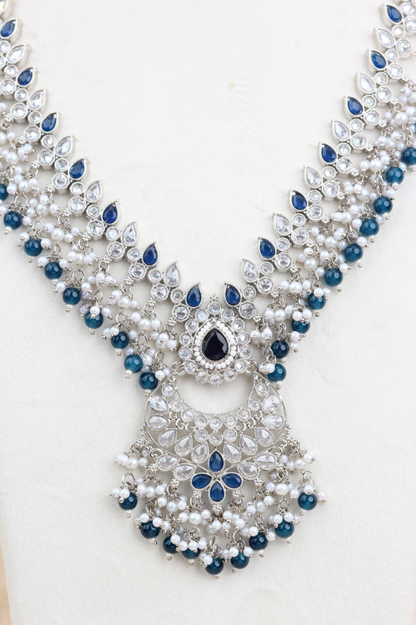 Blue Long Necklace Set In Silver Polish With Blue Pearls with Large Matching Earrings And Tikka (LN001-B-Polki)
