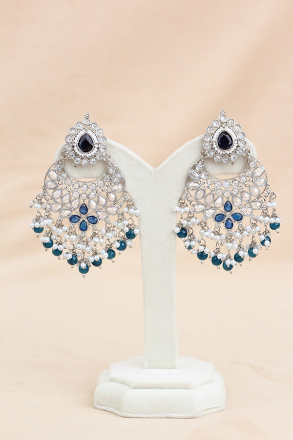 Blue Long Necklace Set In Silver Polish With Blue Pearls with Large Matching Earrings And Tikka (LN001-B-Polki)