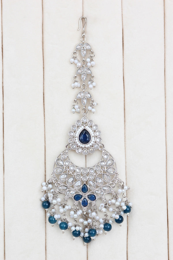 Blue Long Necklace Set In Silver Polish With Blue Pearls with Large Matching Earrings And Tikka (LN001-B-Polki)