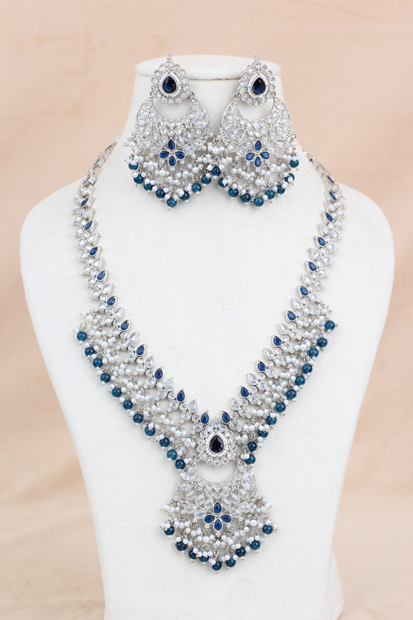 Blue Long Necklace Set In Silver Polish With Blue Pearls with Large Matching Earrings And Tikka (LN001-B-Polki)