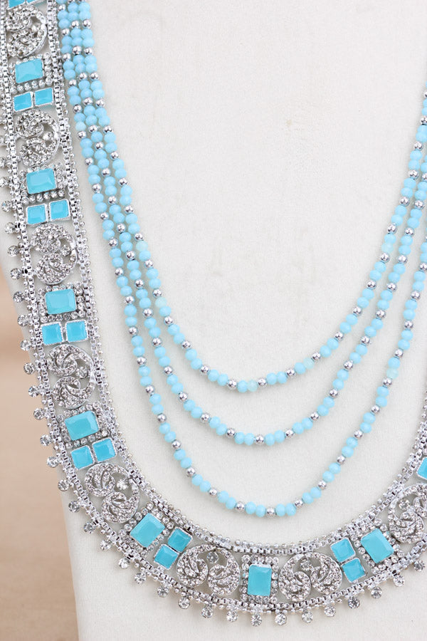 Fashionable Long Necklace In Silver Polish And Blue Stone (LN001-B-FA)