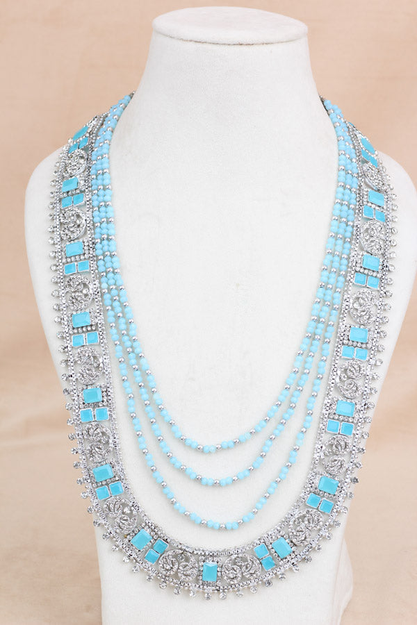 Fashionable Long Necklace In Silver Polish And Blue Stone (LN001-B-FA)