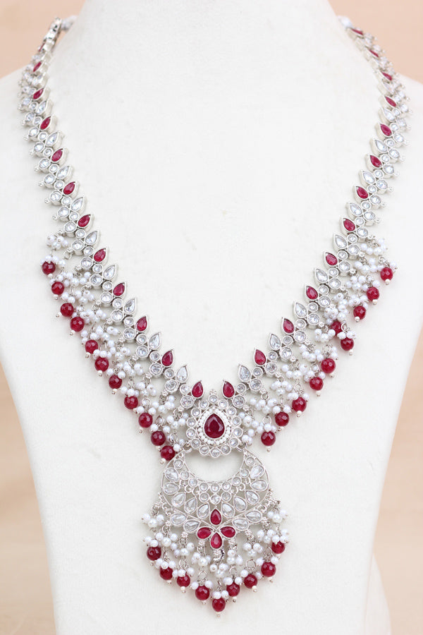 Red Long Necklace Set In Silver Polish With Red Pearls with Large Matching Earrings And Tikka (LN001-R-Polki)