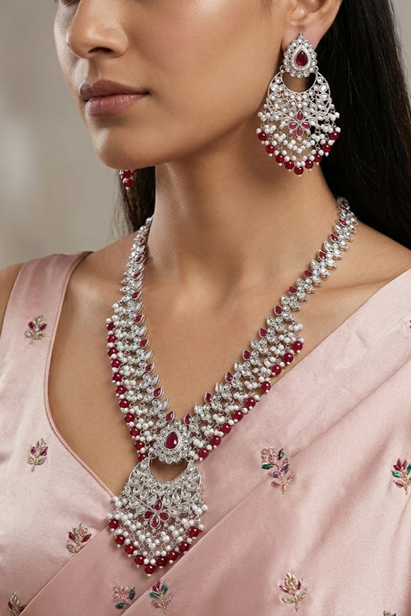 Red Long Necklace Set In Silver Polish With Red Pearls with Large Matching Earrings And Tikka