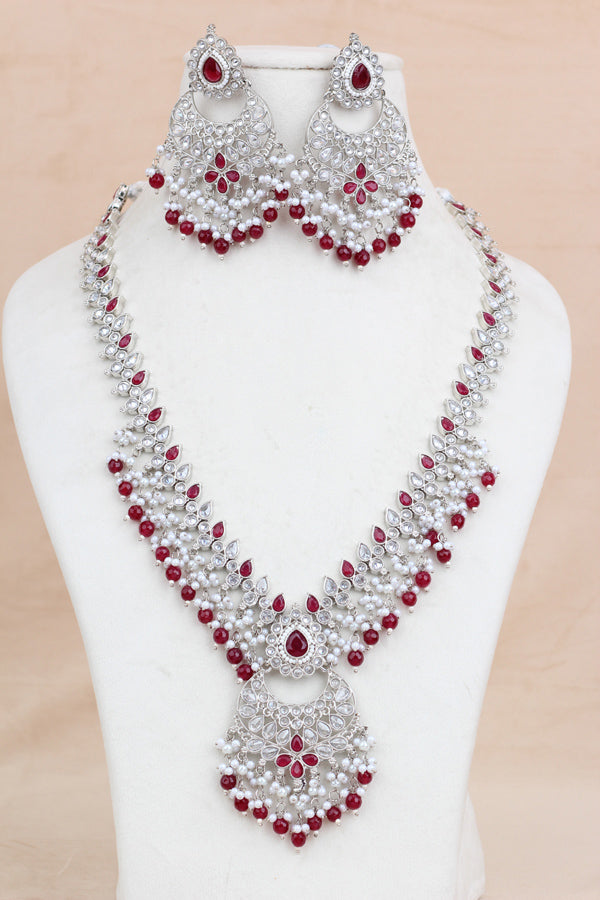 Red Long Necklace Set In Silver Polish With Red Pearls with Large Matching Earrings And Tikka (LN001-R-Polki)